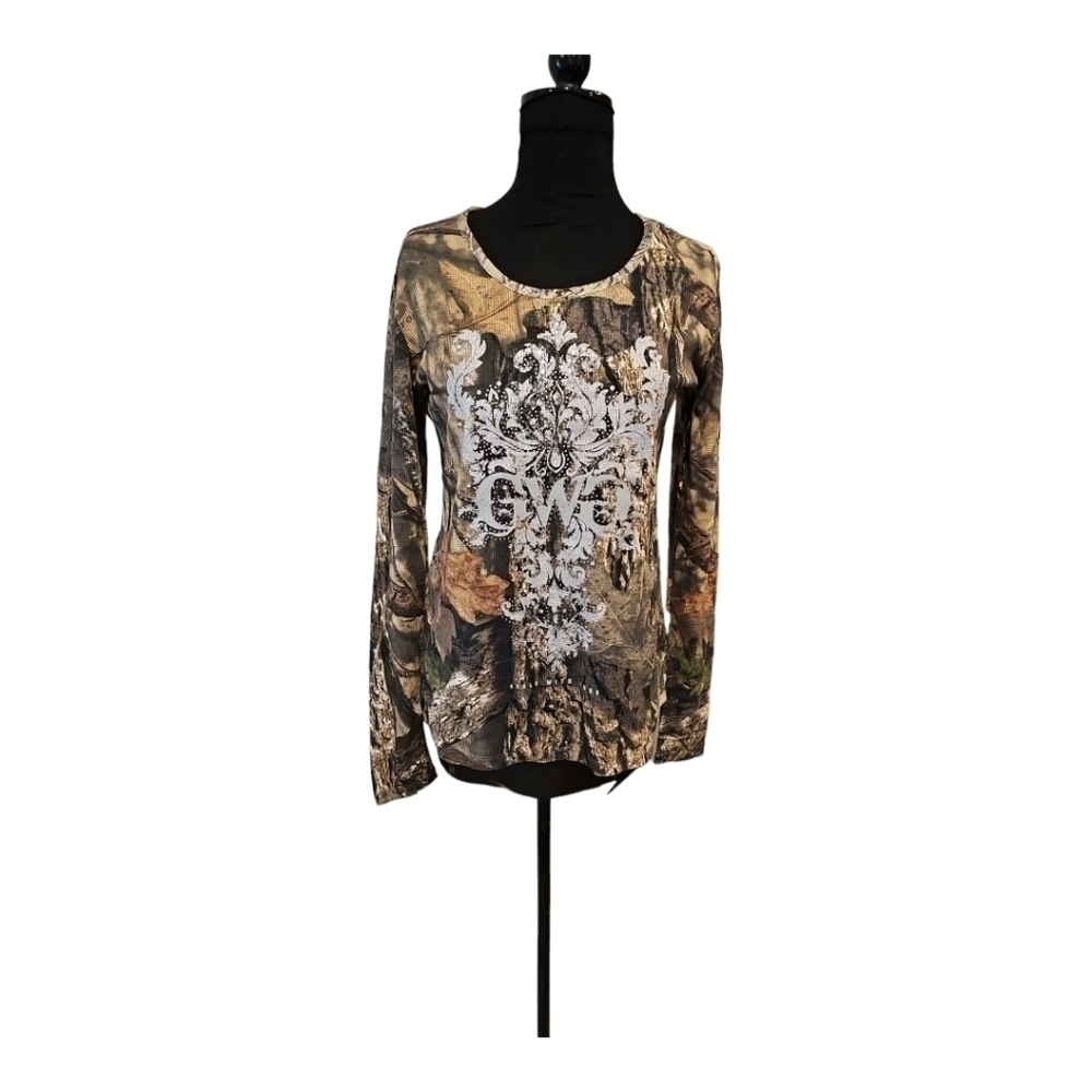 GIRLS WITH GUNS camo print lace top mossy oak country tee top shirt sz S… - Picture 2 of 14